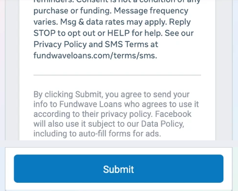 Facebook lead form notice followed by the Submit button